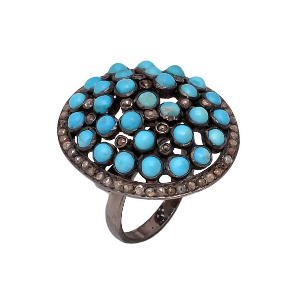 Victorian Jewelry, Silver Diamond Ring With Rose Cut Diamond And Turquoise Stone Studded In 925 Sterling Silver Black Rhodium Plating. J-736