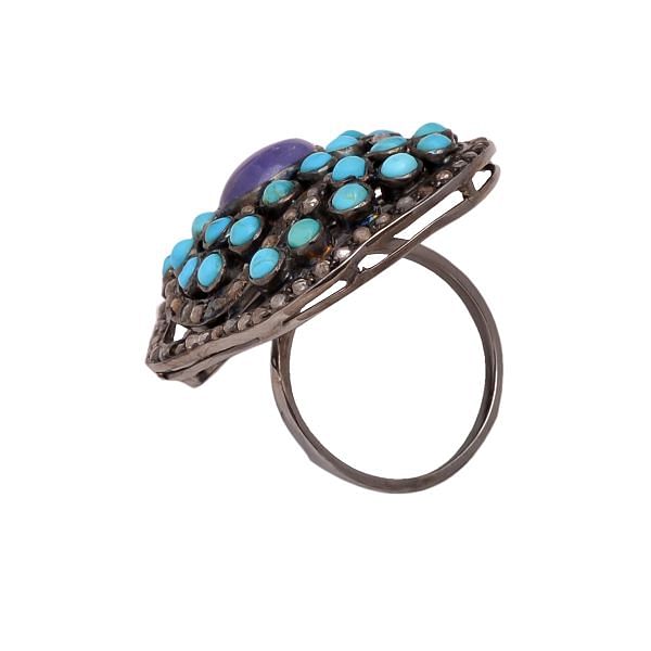 Victorian Jewelry, Silver Diamond Ring With Rose Cut Diamond, Turquoise And Tanzanite Stone Studded In 925 Sterling Silver Black Rhodium Plating. J-739
