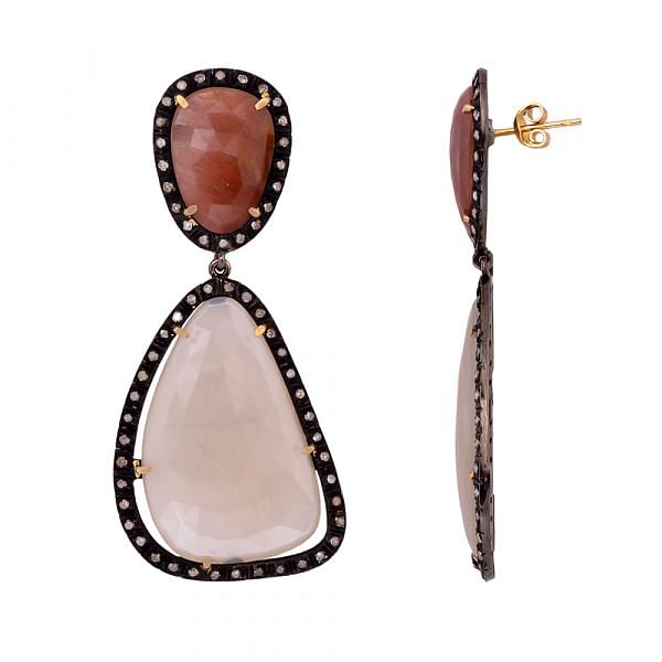 Victorian Jewelry, Silver Diamond Earring With Rose Cut Diamond And White Moonstone, Peach Moonstone Stone Studded In 925 Sterling Silver Black Rhodium Plated. J-73
