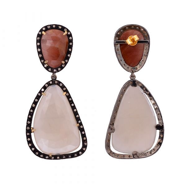 Victorian Jewelry, Silver Diamond Earring With Rose Cut Diamond And White Moonstone, Peach Moonstone Stone Studded In 925 Sterling Silver Black Rhodium Plated. J-73