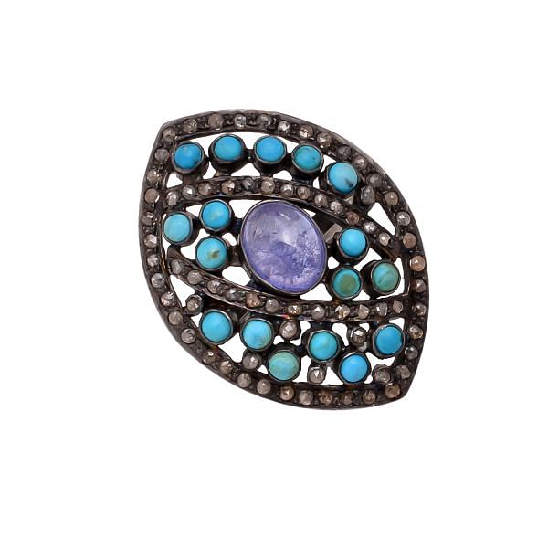 Victorian Jewelry, Silver Diamond Ring With Rose Cut Diamond, Turquoise And Tanzanite Stone Studded In 925 Sterling Silver Black Rhodium Plating. J-740