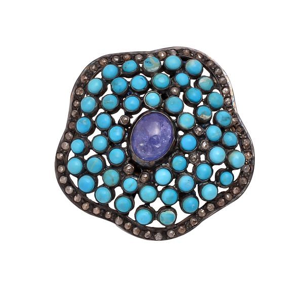 Victorian Jewelry, Silver Diamond Ring With Rose Cut Diamond, Turquoise, Kyanite Stone Studded In 925 Sterling Silver Black Rhodium Plating. J-741