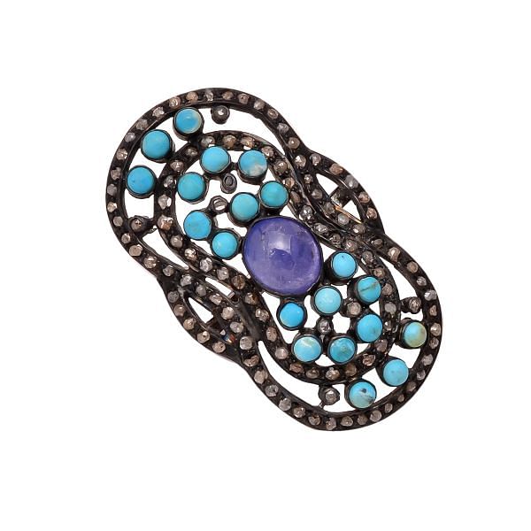 Victorian Jewelry, Silver Diamond Ring With Rose Cut Diamond, Turquoise And Tanzanite Stone Studded In 925 Sterling Silver Black Rhodium Plating. J-742