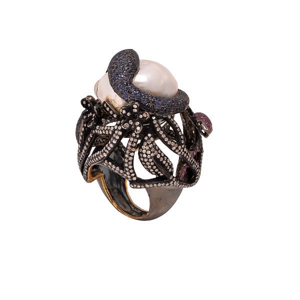 Victorian Jewelry, Silver Diamond Ring With Rose Cut Diamond And Pearl Stone Studded In 925 Sterling Silver Black Rhodium Plating. J-745