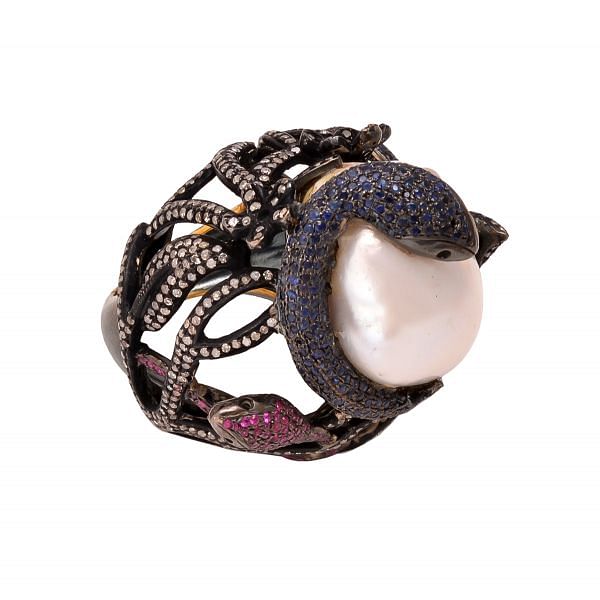 Victorian Jewelry, Silver Diamond Ring With Rose Cut Diamond And Pearl Stone Studded In 925 Sterling Silver Black Rhodium Plating. J-745