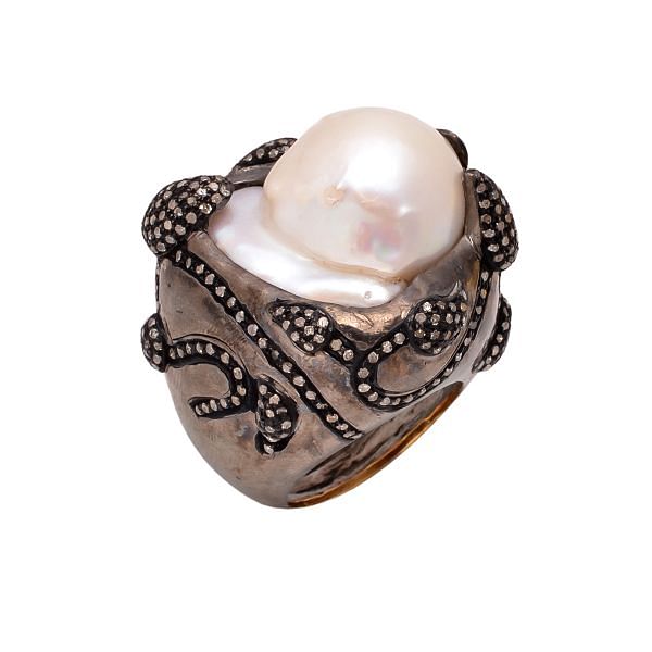 Victorian Jewelry, Silver Diamond Ring With Rose Cut Diamond And Pearl Stone Studded In 925 Sterling Silver Black Rhodium Plating. J-746