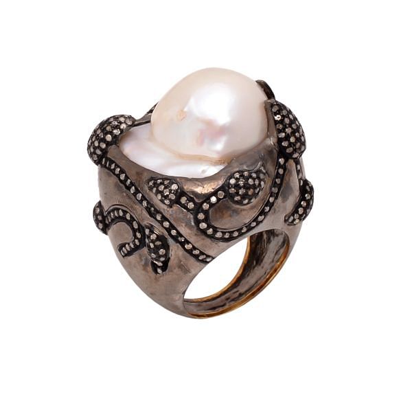 Victorian Jewelry, Silver Diamond Ring With Rose Cut Diamond And Pearl Stone Studded In 925 Sterling Silver Black Rhodium Plating. J-746