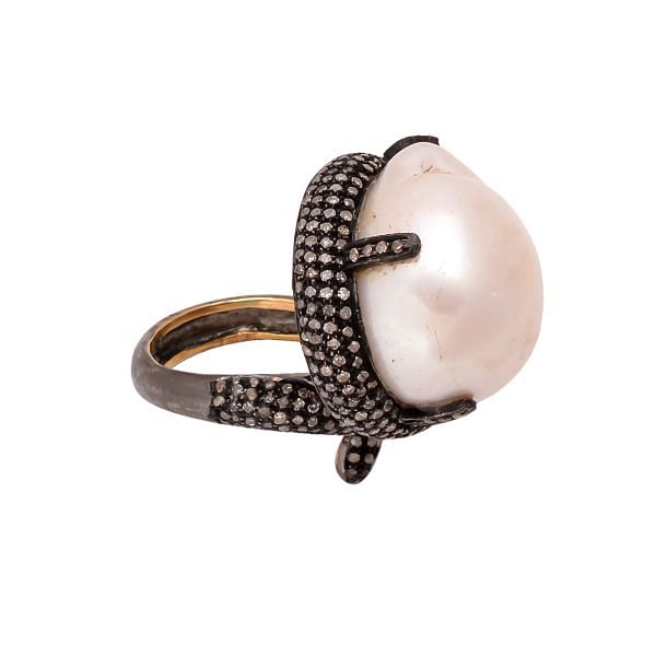 Victorian Jewelry, Silver Diamond Ring With Rose Cut Diamond And Pearl Stone Studded In 925 Sterling Silver Black Rhodium Plating. J-747