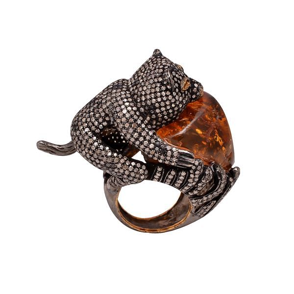 Victorian Jewelry, Silver Diamond Ring With Rose Cut Diamond, And Amber In 925 Sterling Silver, Black Rhodium Plating. J-753