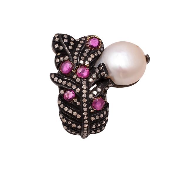 Victorian Jewelry, Silver Diamond Ring With Rose Cut Diamond, Ruby And Pearl Stone Studded In 925 Sterling Silver Black Rhodium Plating. J-758