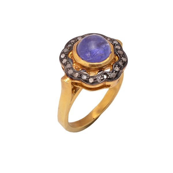 Victorian Jewelry, Silver Diamond Ring With Rose Cut Diamond, And Tanzanite Stone Studded In 925 Sterling Silver, Black Rhodium Plating. J-760