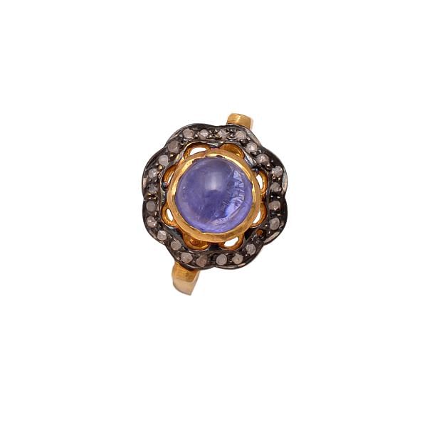 Victorian Jewelry, Silver Diamond Ring With Rose Cut Diamond, And Tanzanite Stone Studded In 925 Sterling Silver, Black Rhodium Plating. J-760
