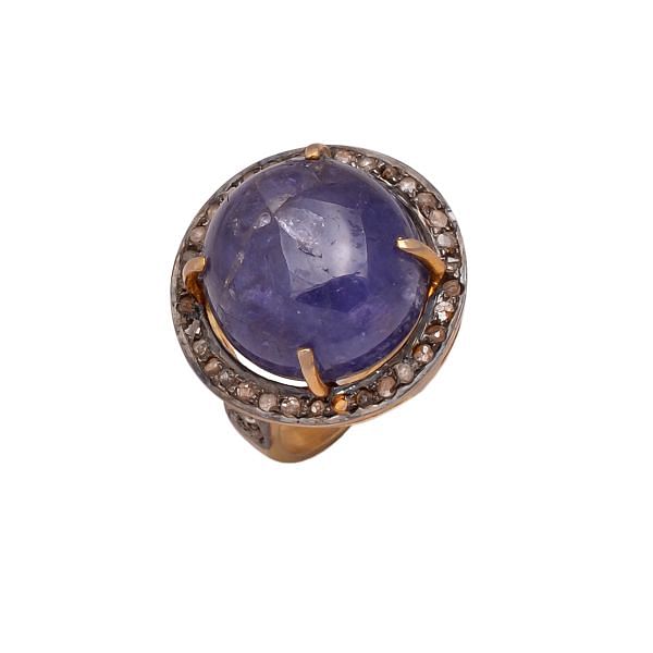 Victorian Jewelry, Silver Diamond Ring With Rose Cut Diamond And Tanzanite Stone Studded In 925 Sterling Silver Gold, Black Rhodium Plating. J-762