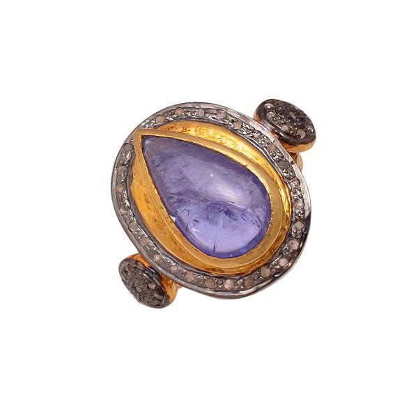 Victorian Jewelry, Silver Diamond Ring With Rose Cut Diamond And Tanzanite  Stone Studded In 925 Sterling Silver Gold, Black Rhodium Plating. J-765