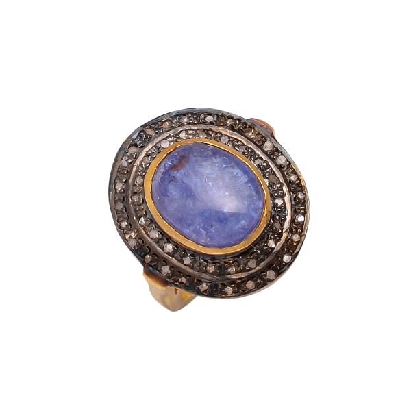 Victorian Jewelry, Silver Diamond Ring With Rose Cut Diamond And Tanzanite  Stone Studded In 925 Sterling Silver Gold, Black Rhodium Plating. J-767
