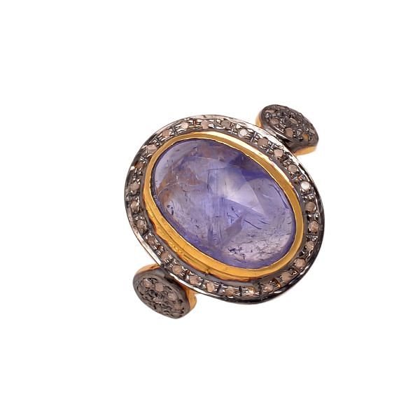 Victorian Jewelry, Silver Diamond Ring With Rose Cut Diamond And Tanzanite  Stone Studded In 925 Sterling Silver Gold, Black Rhodium Plating. J-768