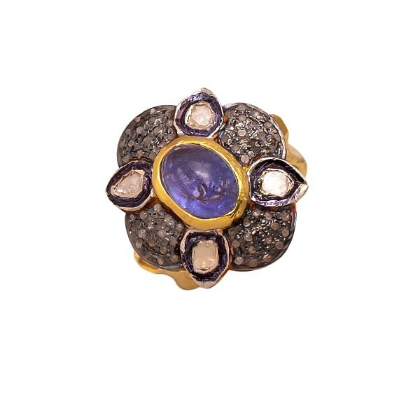 Victorian Jewelry, Silver Diamond Ring With Rose Cut Diamond And Polki Diamond, Tanzanite Stone Studded In 925 Sterling Silver Gold, Black Rhodium Plating. J-770