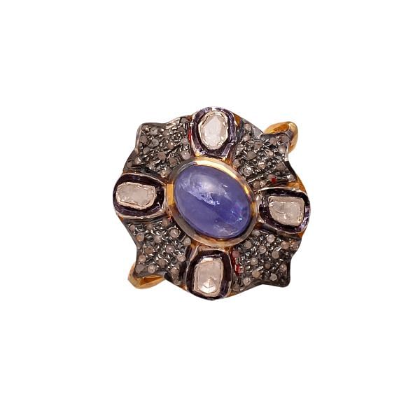 Victorian Jewelry, Silver Diamond Ring With Rose Cut Diamond And Polki Diamond Tanzanite Stone Studded In 925 Sterling Silver Gold, Black Rhodium Plating. J-774