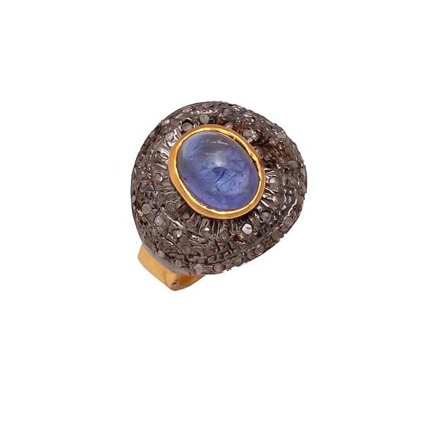 Victorian Jewelry, Silver Diamond Ring With Rose Cut Diamond And Tanzanite Stone Studded In 925 Sterling Silver Gold, Black Rhodium Plating. J-775