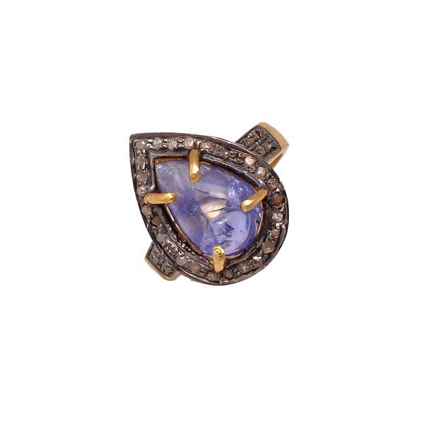 Victorian Jewelry, Silver Diamond Ring With Rose Cut Diamond And Tanzanite Stone Studded In 925 Sterling Silver Gold, Black Rhodium Plating, J-776