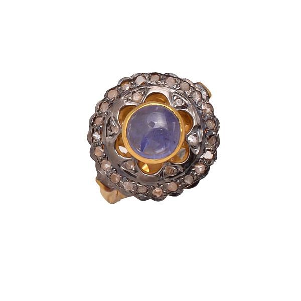 Victorian Jewelry, Silver Diamond Ring With Rose Cut Diamond And Tanzanite Stone Studded In 925 Sterling Silver Gold, Black Rhodium Plating. J-777