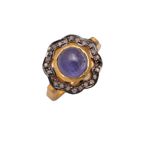 Victorian Jewelry, Silver Diamond Ring With Rose Cut Diamond And Tanzanite Stone Studded In 925 Sterling Silver Gold, Black Rhodium Plating. J-782