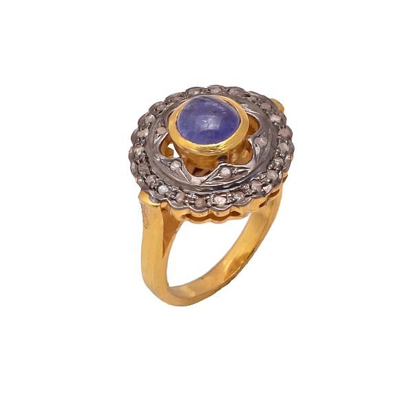 Victorian Jewelry, Silver Diamond Ring With Rose Cut Diamond And Tanzanite Stone Studded In 925 Sterling Silver Gold, Black Rhodium Plating. J-783