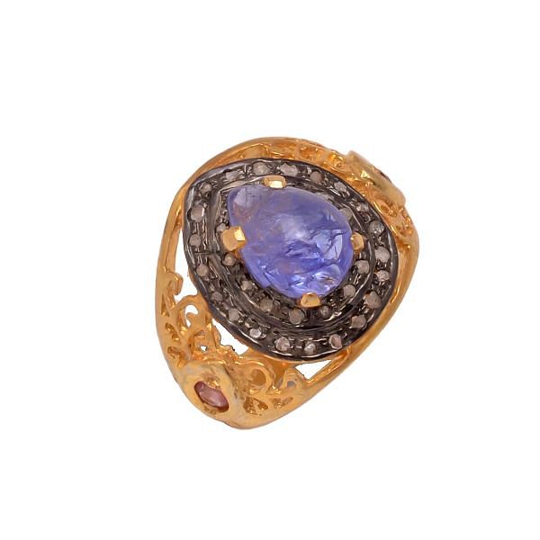 Victorian Jewelry, Silver Diamond Ring With Rose Cut Diamond And Tanzanite Stone Studded In 925 Sterling Silver Gold, Black Rhodium Plating. J-784
