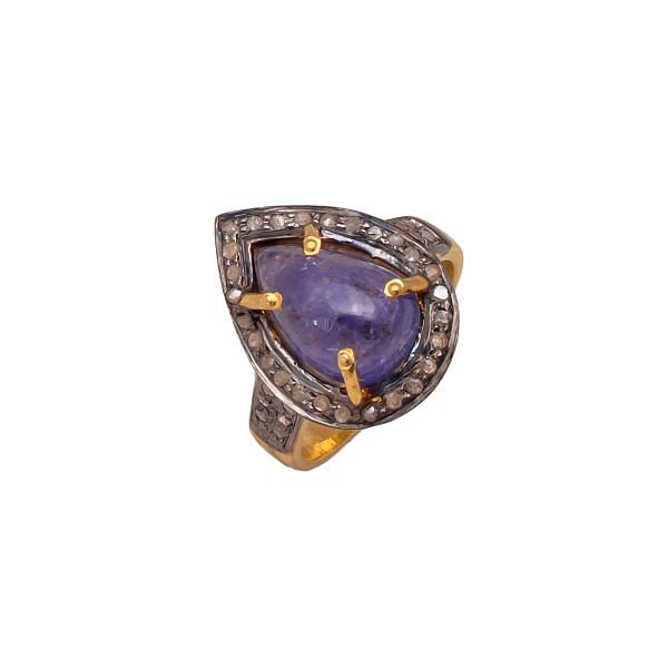 Victorian Jewelry, Silver Diamond Ring With Rose Cut Diamond And Tanzanite Stone Studded In 925 Sterling Silver Gold, Black Rhodium Plating. J-785
