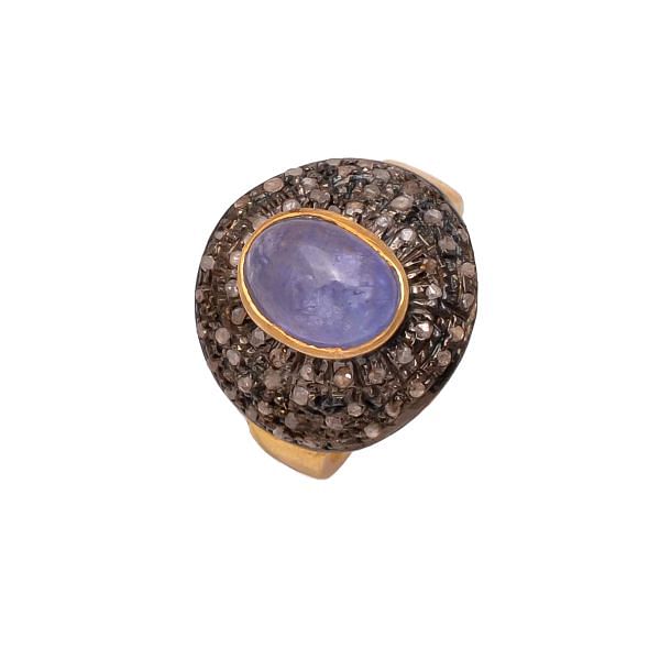 Victorian Jewelry, Silver Diamond Ring With Rose Cut Diamond And Tanzanite Stone Studded In 925 Sterling Silver Gold, Black Rhodium Plating. J-786
