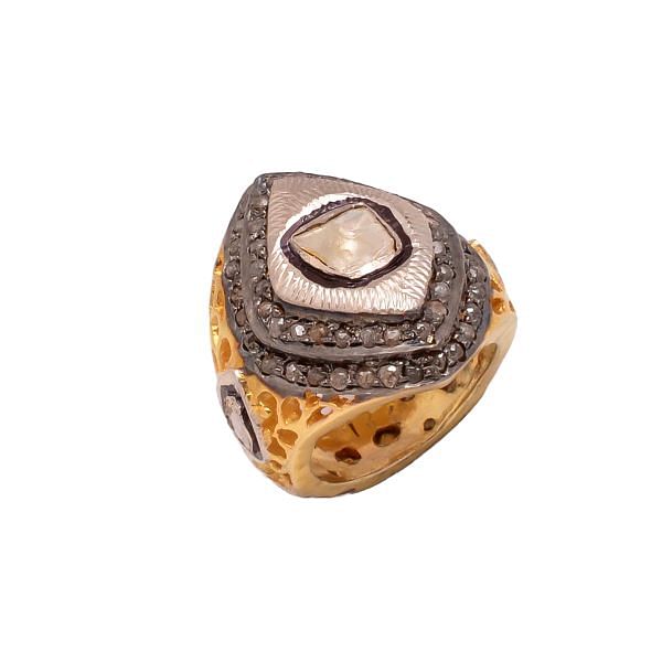 Victorian Jewelry, Silver Diamond Ring With Rose Cut Diamond And Polki Diamond In 925 Sterling Silver Gold, Black Rhodium Plating. J-787