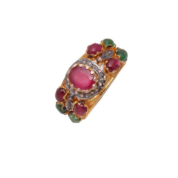 Victorian Style 925 Sterling Silver Gold Plated Diamond Ring With Rose Cut Diamond, Ruby, Emerald Stone Studded. J-788