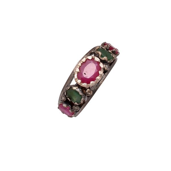 Victorian Jewelry, Silver Diamond Ring With Rose Cut Diamond And Ruby, Emerald Stone Studded In 925 Sterling Silver Black Rhodium Plating. J-791