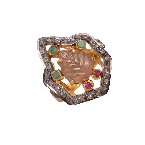 Victorian Jewelry, Silver Diamond Ring With Rose Cut Diamond, Multi Tourmaline, Ruby, Emerald Stone Studded In 925 Sterling Silver, Gold Plating. J-797