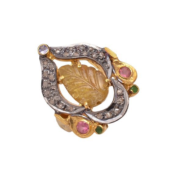 Victorian Jewelry, Silver Diamond Ring With Rose Cut Diamond, Tourmaline, Ruby And Emerald Stone Studded In 925 Sterling Silver Gold, Black Rhodium Plating. J-801