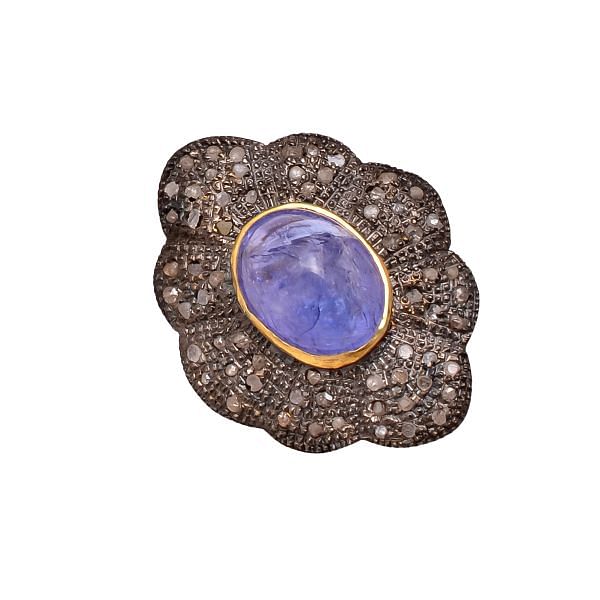 Victorian Jewelry, Silver Diamond Ring With Rose Cut Diamond And Tanzanite Stone Studded In 925 Sterling Silver, Gold Plating. J-803