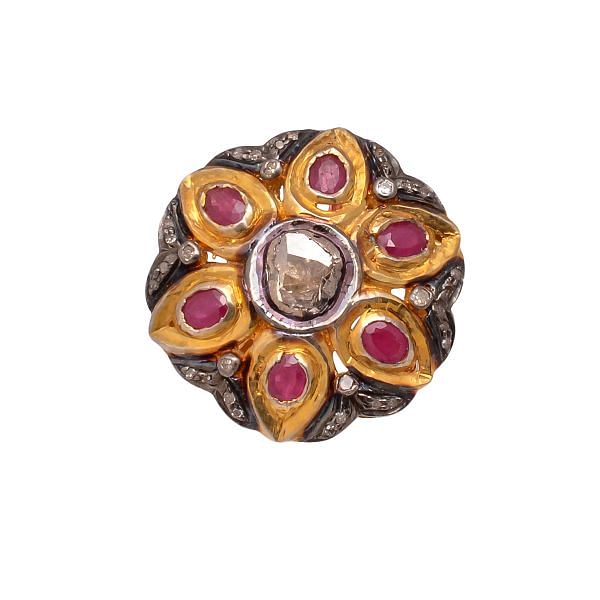 Victorian Jewelry, Silver Diamond Ring With Rose Cut Diamond Polki Diamond And Ruby Stone Studded In 925 Sterling Silver Gold, Rhodium Plating. J-804