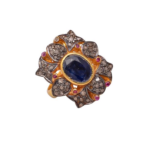 Victorian Jewelry, Silver Diamond Ring With Rose Cut Diamond Pink Tourmaline And Kyanite Stone Studded In 925 Sterling Silver Gold, Black Rhodium Plating. J-806