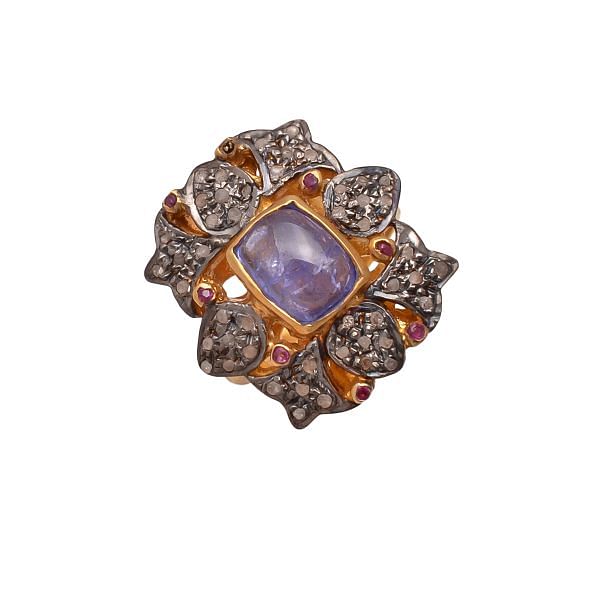 Victorian Jewelry, Silver Diamond Ring With Rose Cut Diamond And Tanzanite Stone Studded In 925 Sterling Silver Gold, Black Rhodium Plating. j-808