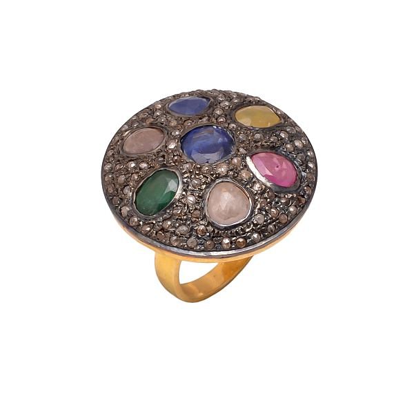 Victorian Style, Silver Diamond Ring With Natural Rose Cut Diamonds And Natural Ruby, Emerald, Sapphire Stone Studded in Gold \ Black Rhodium Plating. J-810