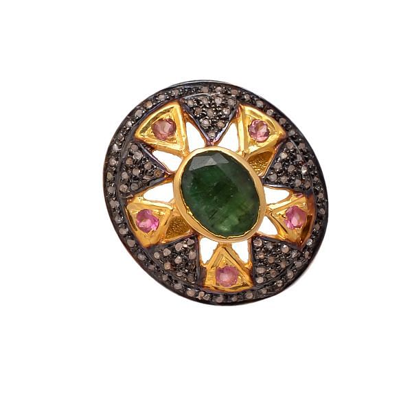 Victorian Jewelry, Silver Diamond Ring With Rose Cut Diamond, Pink Tourmaline And Emerald Stone Studded In 925 Sterling Silver Gold, Black Rhodium Plating. J-813