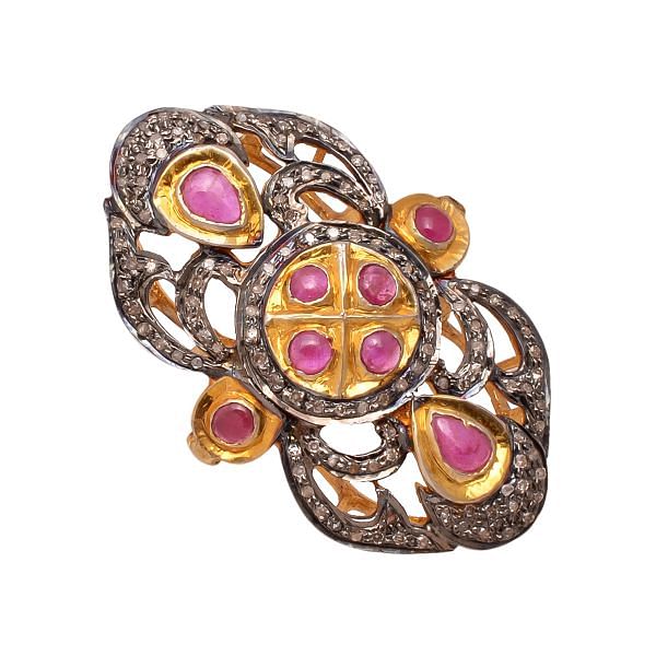 Victorian Jewelry, Silver Diamond Ring With Rose Cut Diamond And Ruby Stone Studded In 925 Sterling Silver Gold, Black Rhodium Plating. J-817