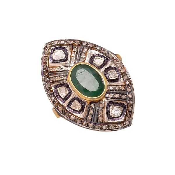 Victorian Jewelry, Silver Diamond Ring With Rose Cut Diamond, Polki And Emerald Stone Studded In 925 Sterling Silver Gold, Black Rhodium Plating. J-818