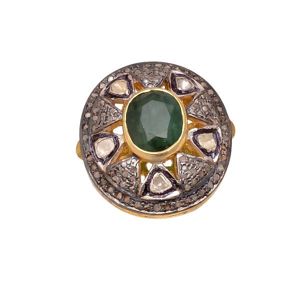 Victorian Jewelry, Silver Diamond Ring With Rose Cut Diamond, Polki Diamond And Emerald Stone Studded In 925 Sterling Silver Gold, Black Rhodium Plating. J-822
