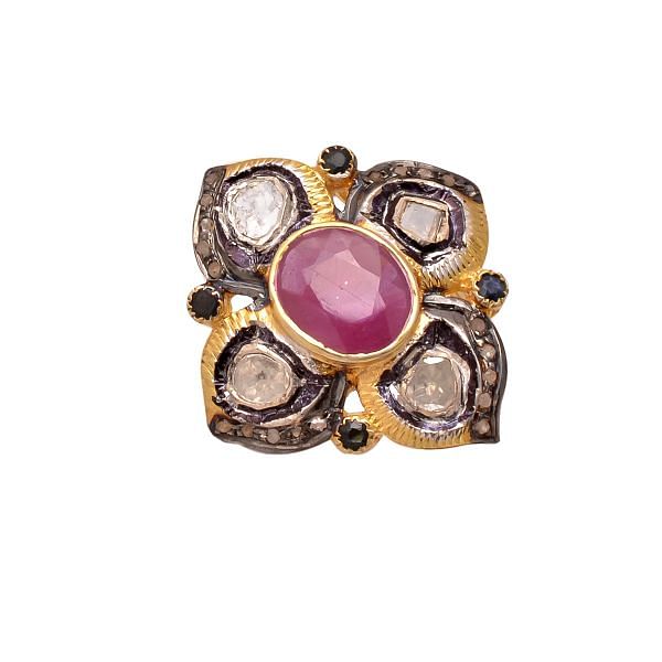 Victorian Jewelry, Silver Diamond Ring With Rose Cut Diamond, Polki Diamond And Ruby Stone Studded In 925 Sterling Silver Gold, Black Rhodium Plating. J-823