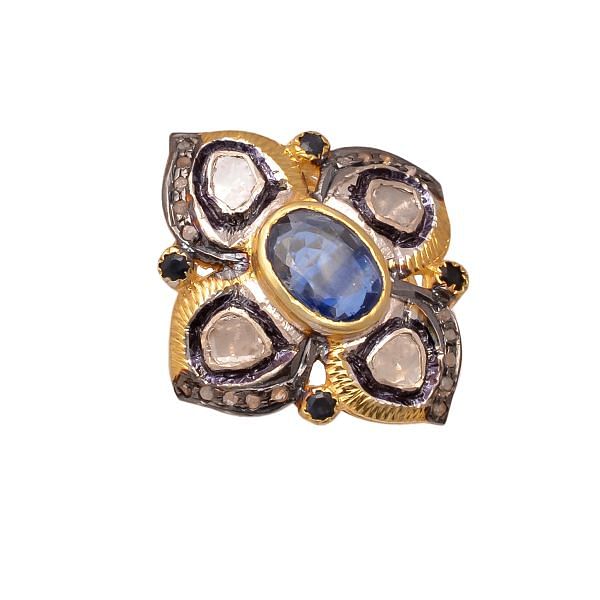 Victorian Jewelry, Silver Diamond Ring With Rose Cut Diamond, Polki Diamond, Kyanite Stone Studded In 925 Sterling Silver Gold, Black Rhodium Plating. J-828