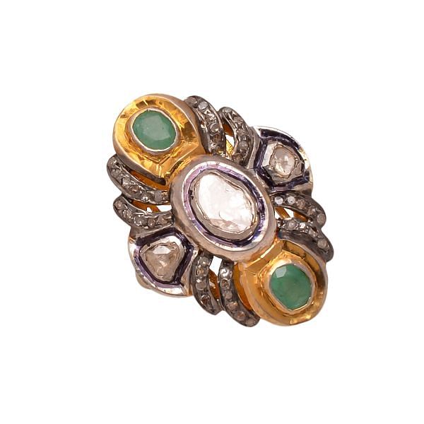 Victorian Jewelry, Silver Diamond Ring With Rose Cut Diamond, Polki Diamond,Emerald Stone Studded In 925 Sterling Silver Gold, Black Rhodium Plating. J-829