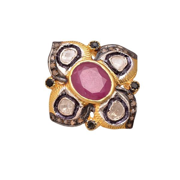 Victorian Jewelry, Silver Diamond Ring With Rose Cut Diamond, Polki Diamond, And Ruby, Kyanite Stone Studded In 925 Sterling Silver Gold, Black Rhodium Plating. J-831