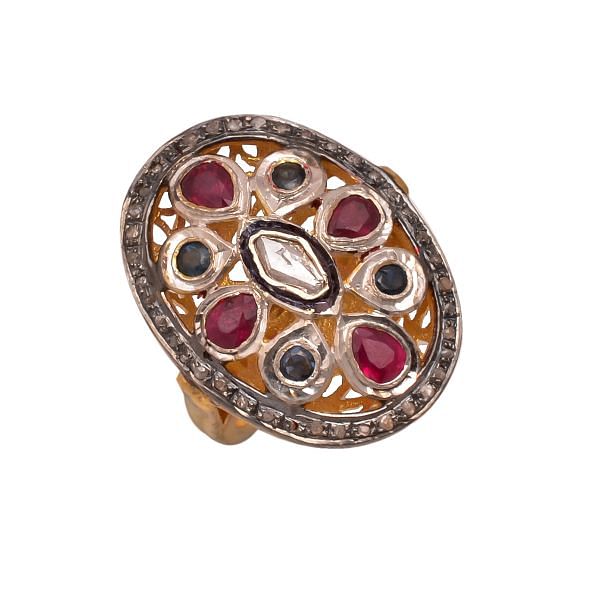 Victorian Jewelry, Silver Diamond Ring With Rose Cut Diamond, Polki Diamond, And Ruby Stone Studded In 925 Sterling Silver Gold, Black Rhodium Plating. J-833