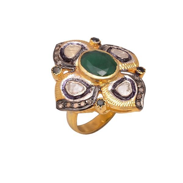 Victorian Jewelry, Silver Diamond Ring With Rose Cut Diamond, Polki Diamond And Emerald, Kyanite Stone Studded  In 925 Sterling Silver Gold, Black Rhodium Plating. J-839